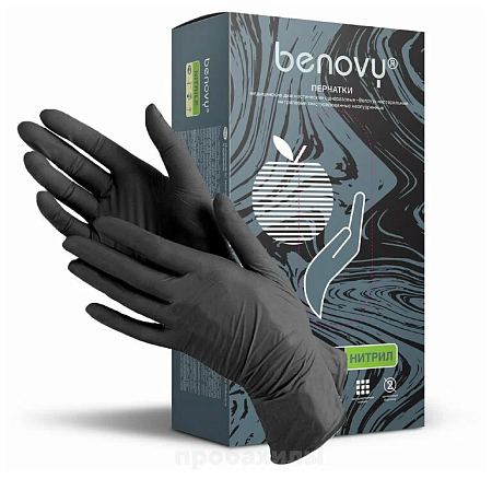 Перчатки нитриловые неопудренные нестерильные BENOVY (цвет: черный), размер M №9129